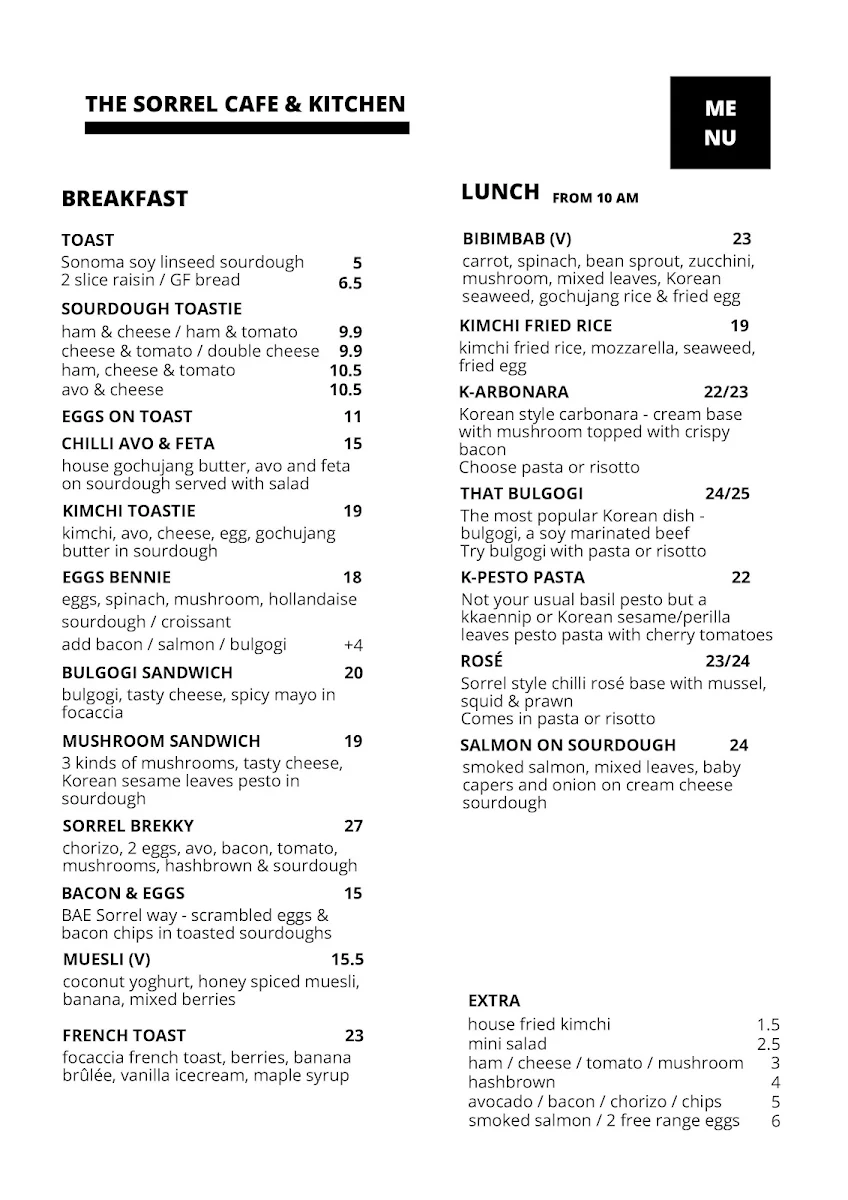 Menu, The Sorrel Cafe & Kitchen