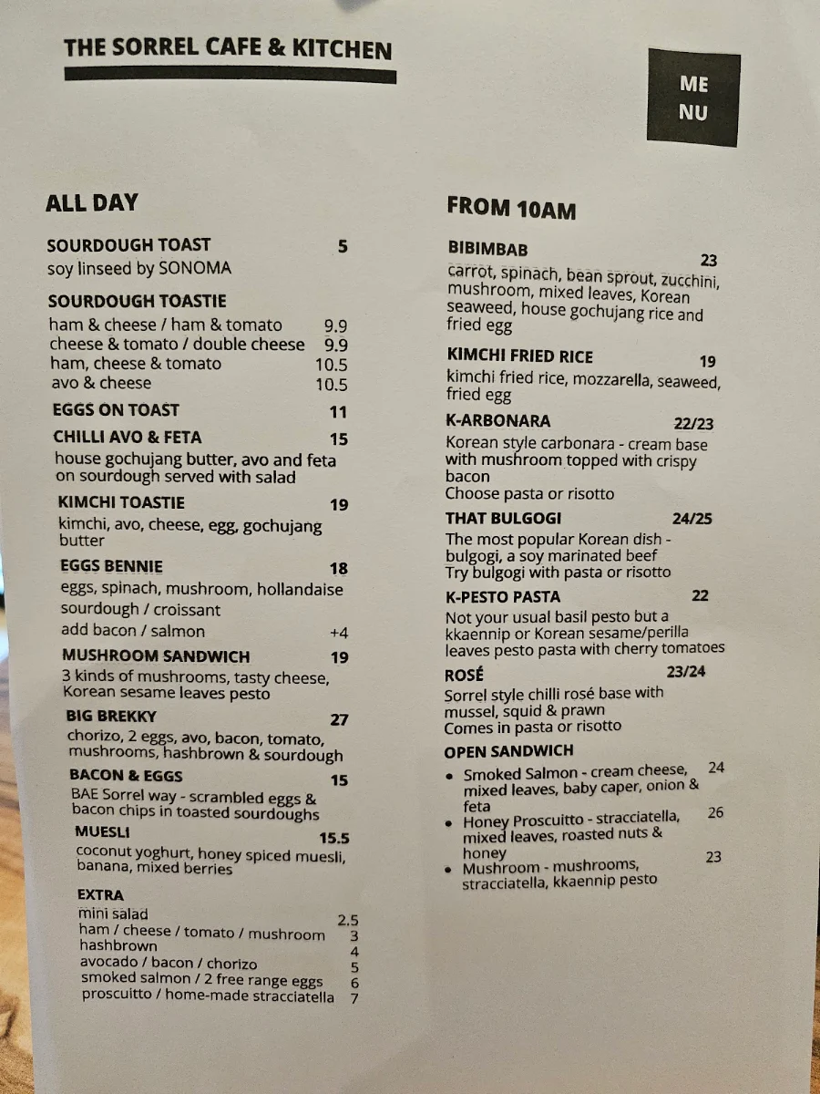 Menu, The Sorrel Cafe & Kitchen