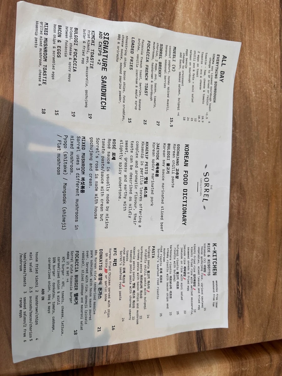 Menu, The Sorrel Cafe & Kitchen