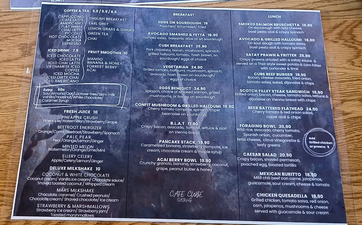 Menu, CAIRNS CAFE CUBE