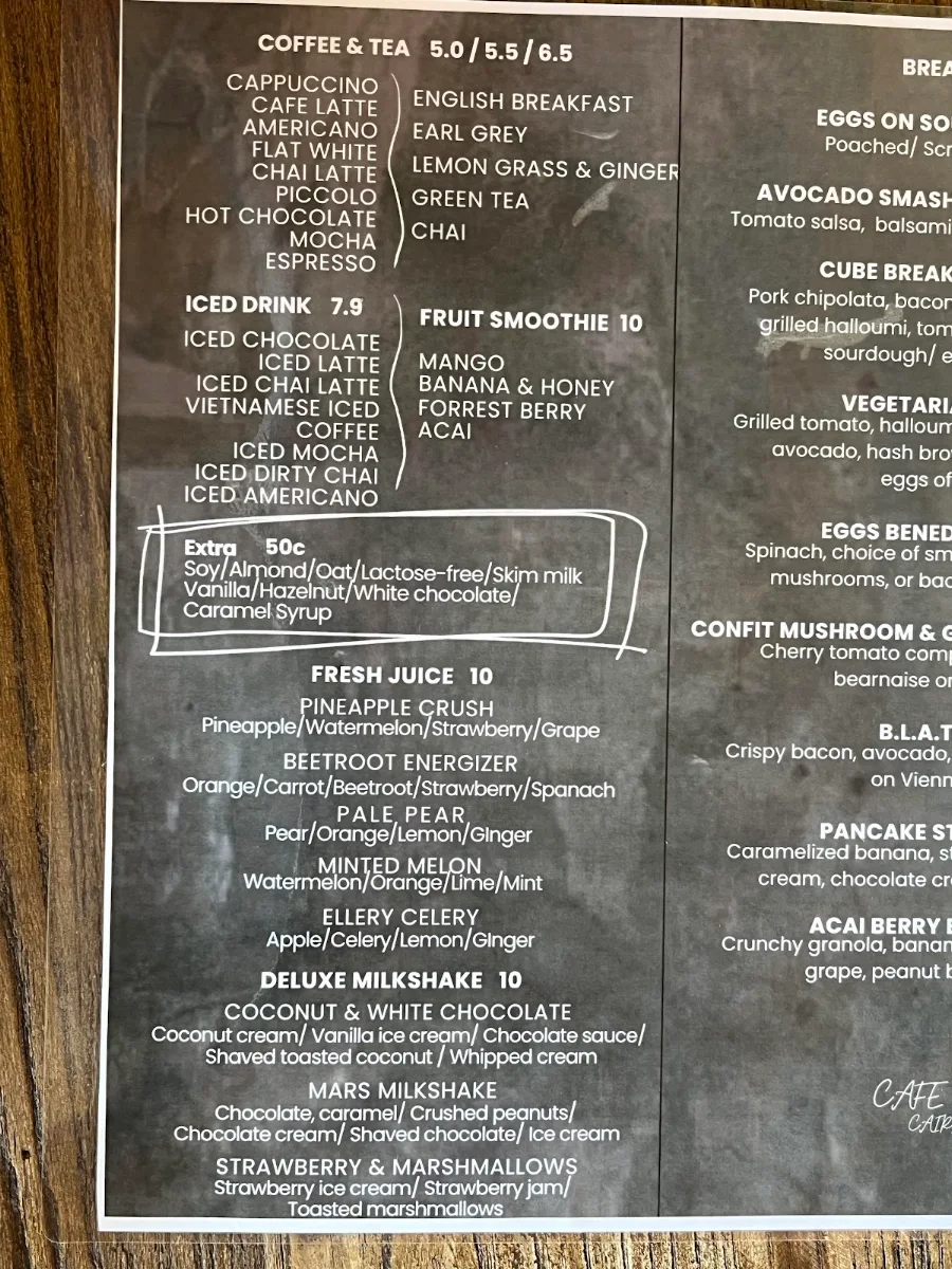 Menu, CAIRNS CAFE CUBE