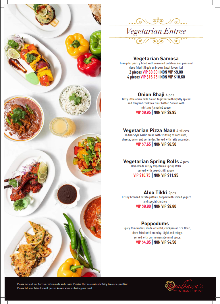Menu, Randhawa's Indian Cuisine- Hope Island