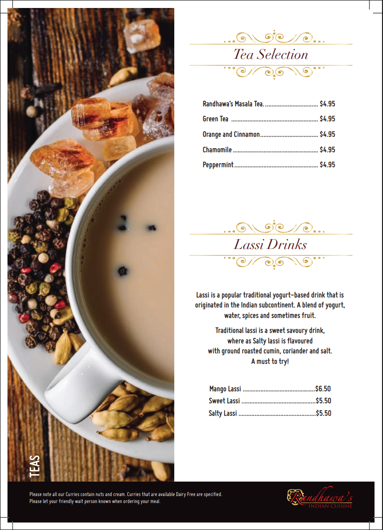 Menu, Randhawa's Indian Cuisine- Hope Island