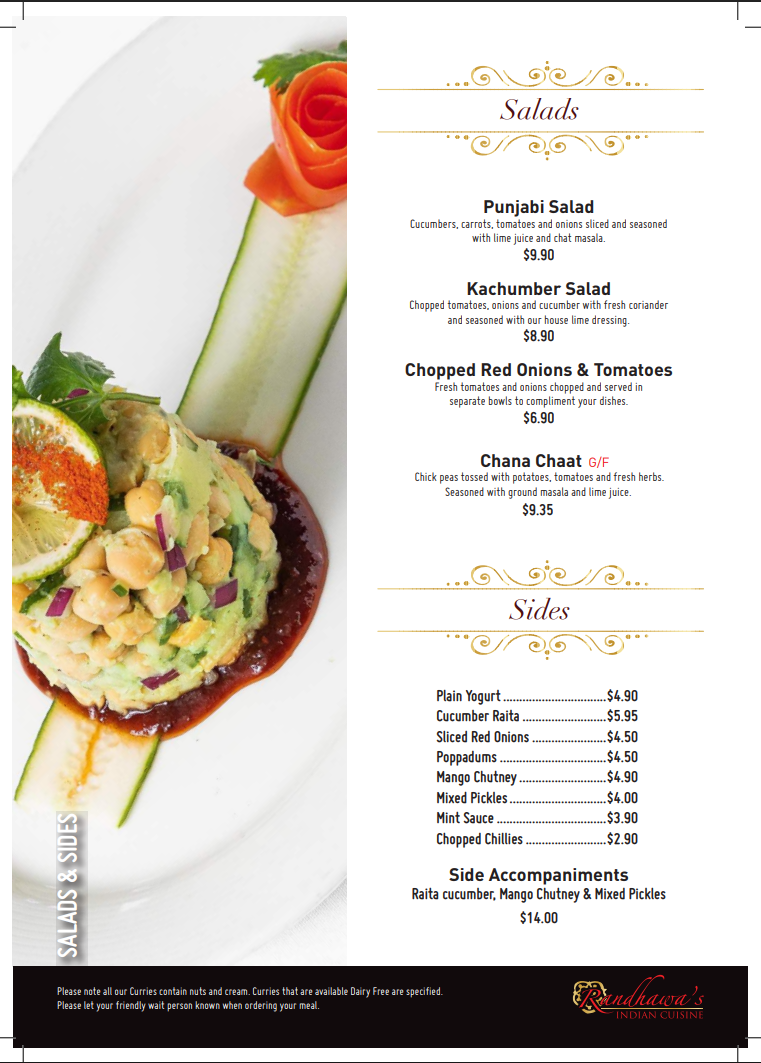 Menu, Randhawa's Indian Cuisine- Hope Island