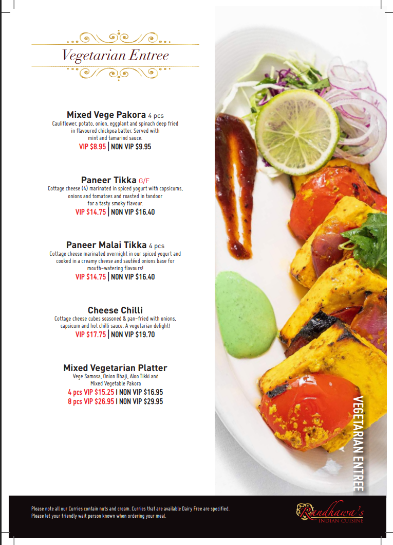 Menu, Randhawa's Indian Cuisine- Hope Island
