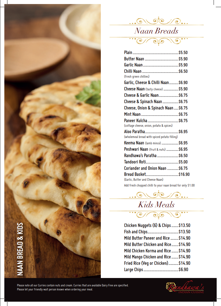 Menu, Randhawa's Indian Cuisine- Hope Island