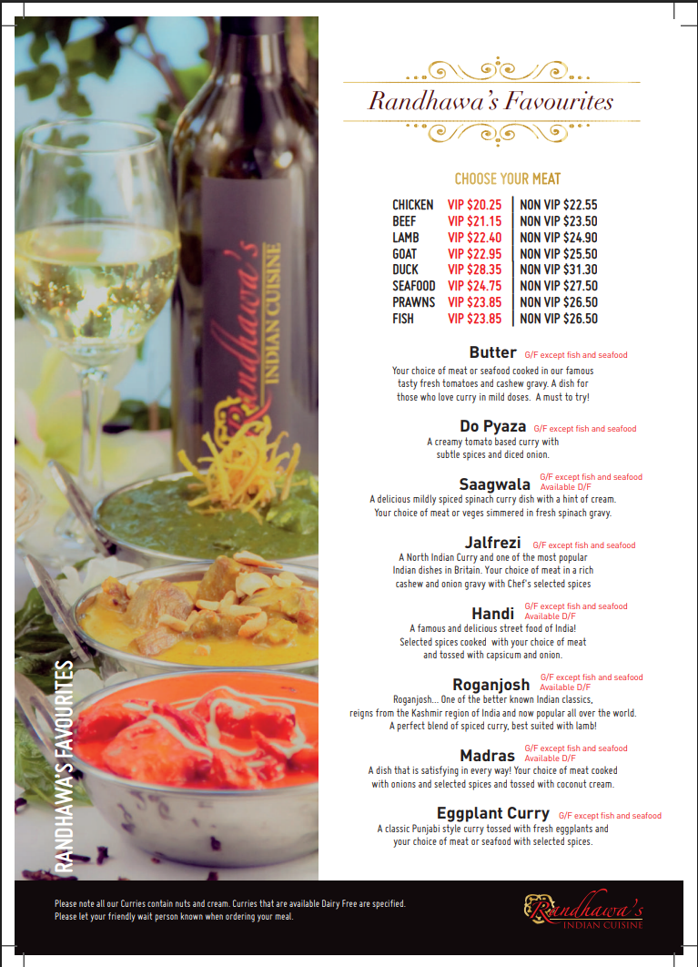 Menu, Randhawa's Indian Cuisine- Hope Island