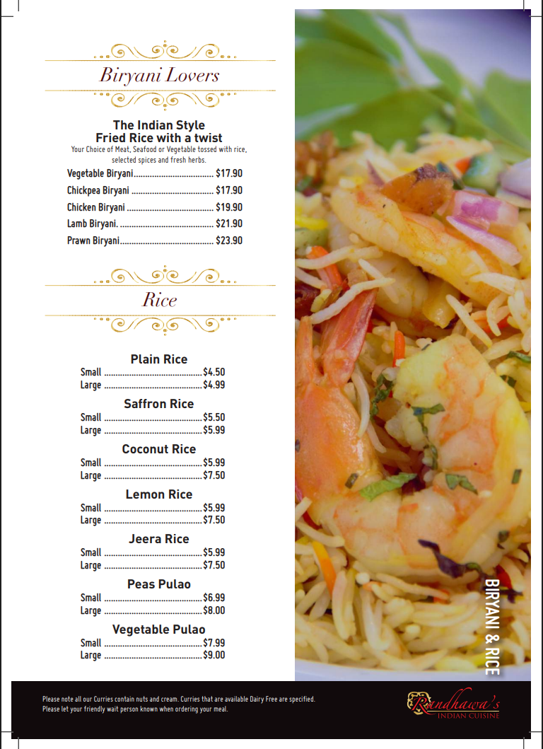 Menu, Randhawa's Indian Cuisine- Hope Island
