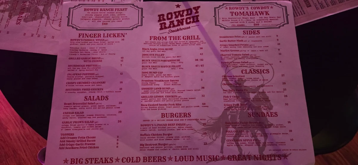 Menu, Rowdy Ranch
