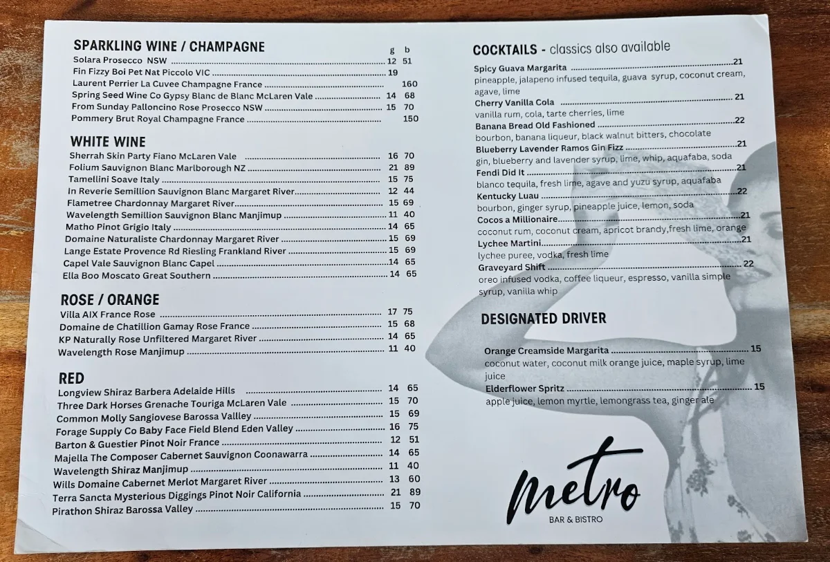 Menu, Metro Bar and Bistro