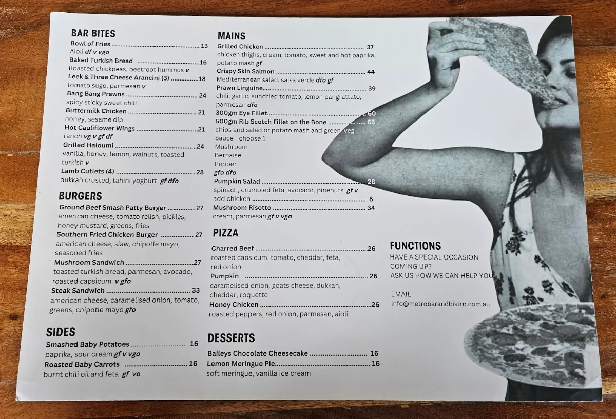 Menu, Metro Bar and Bistro