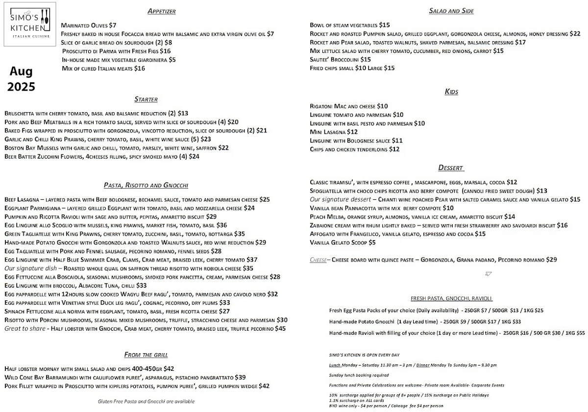 Menu, Simo’s Kitchen Balmain