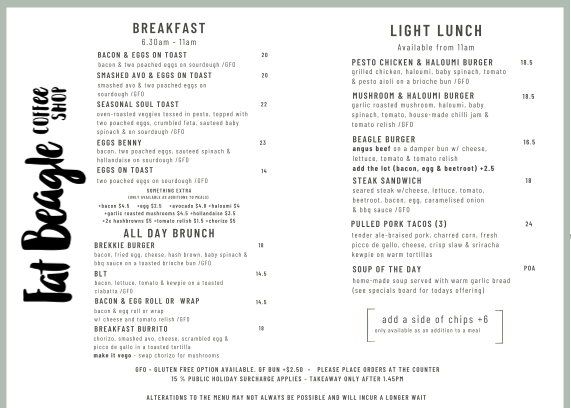 Menu, Fat Beagle Coffee Shop