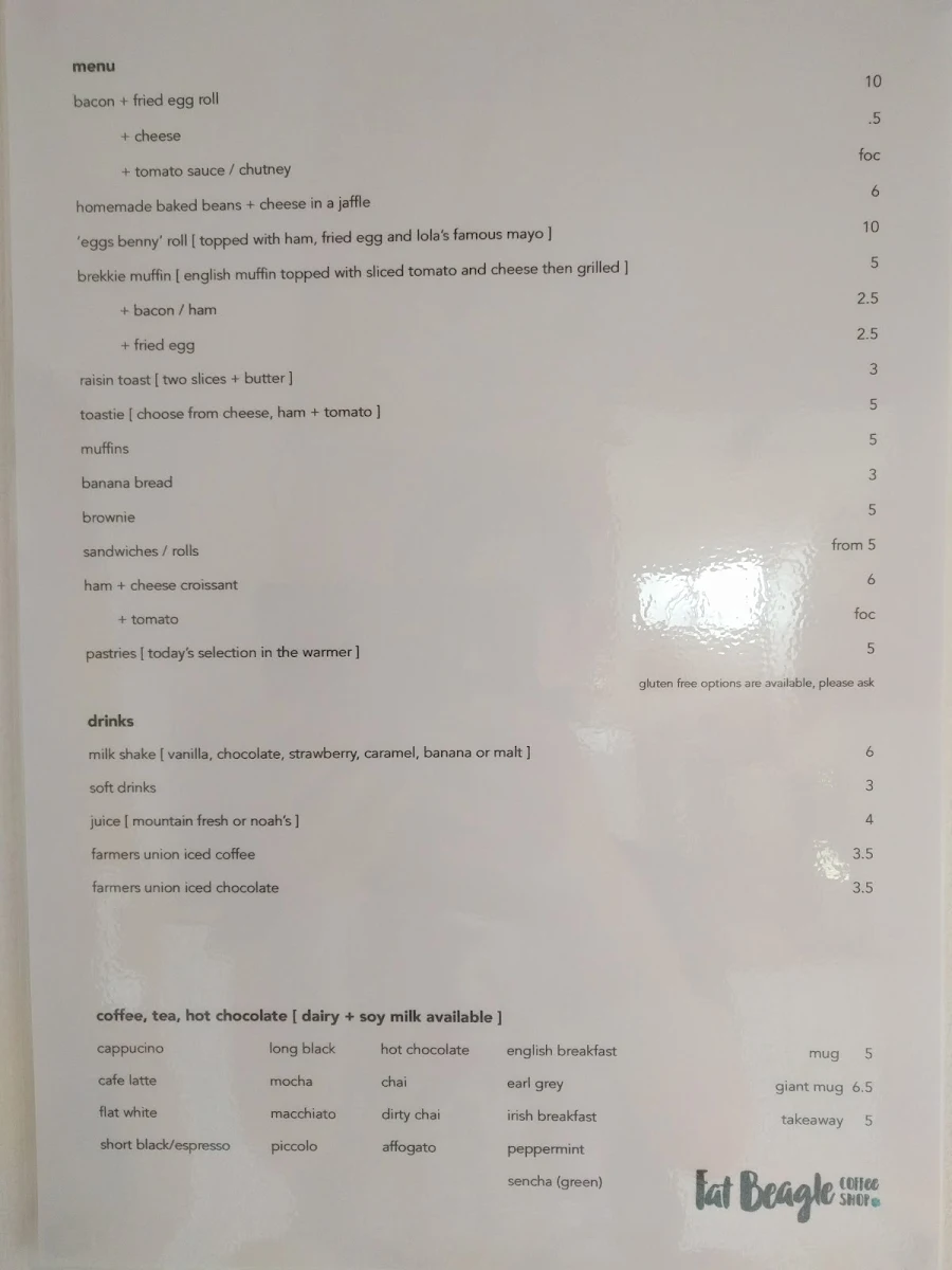 Menu, Fat Beagle Coffee Shop