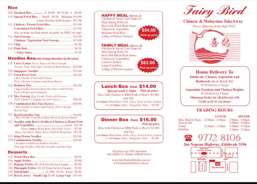 Menu, Fairy Bird