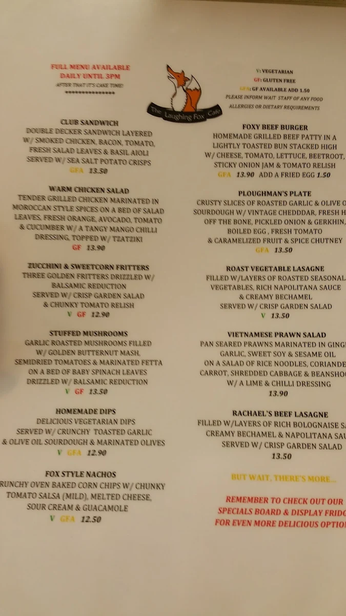 Menu, The Laughing Fox Cafe