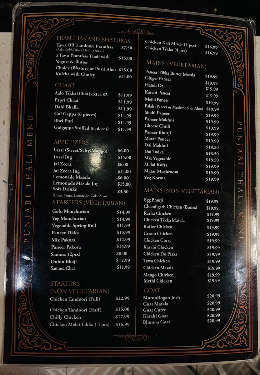 Menu, Punjabi Thali Restaurant