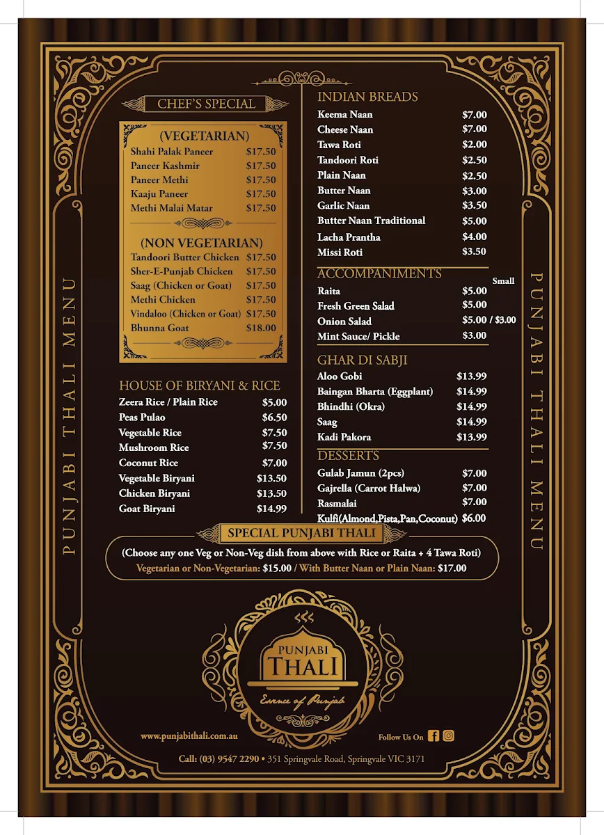 Menu, Punjabi Thali Restaurant