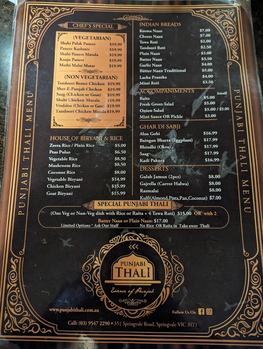 Menu, Punjabi Thali Restaurant