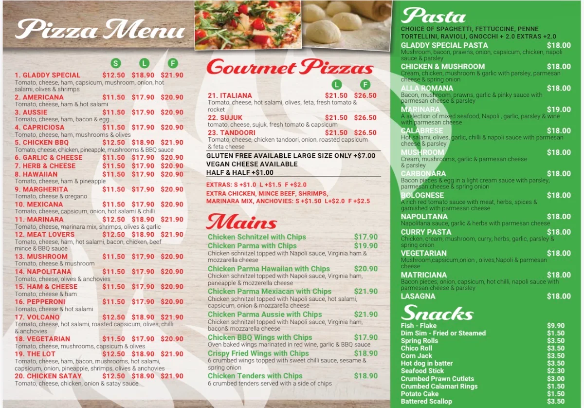 Menu, Gladdy Pizza & Pasta