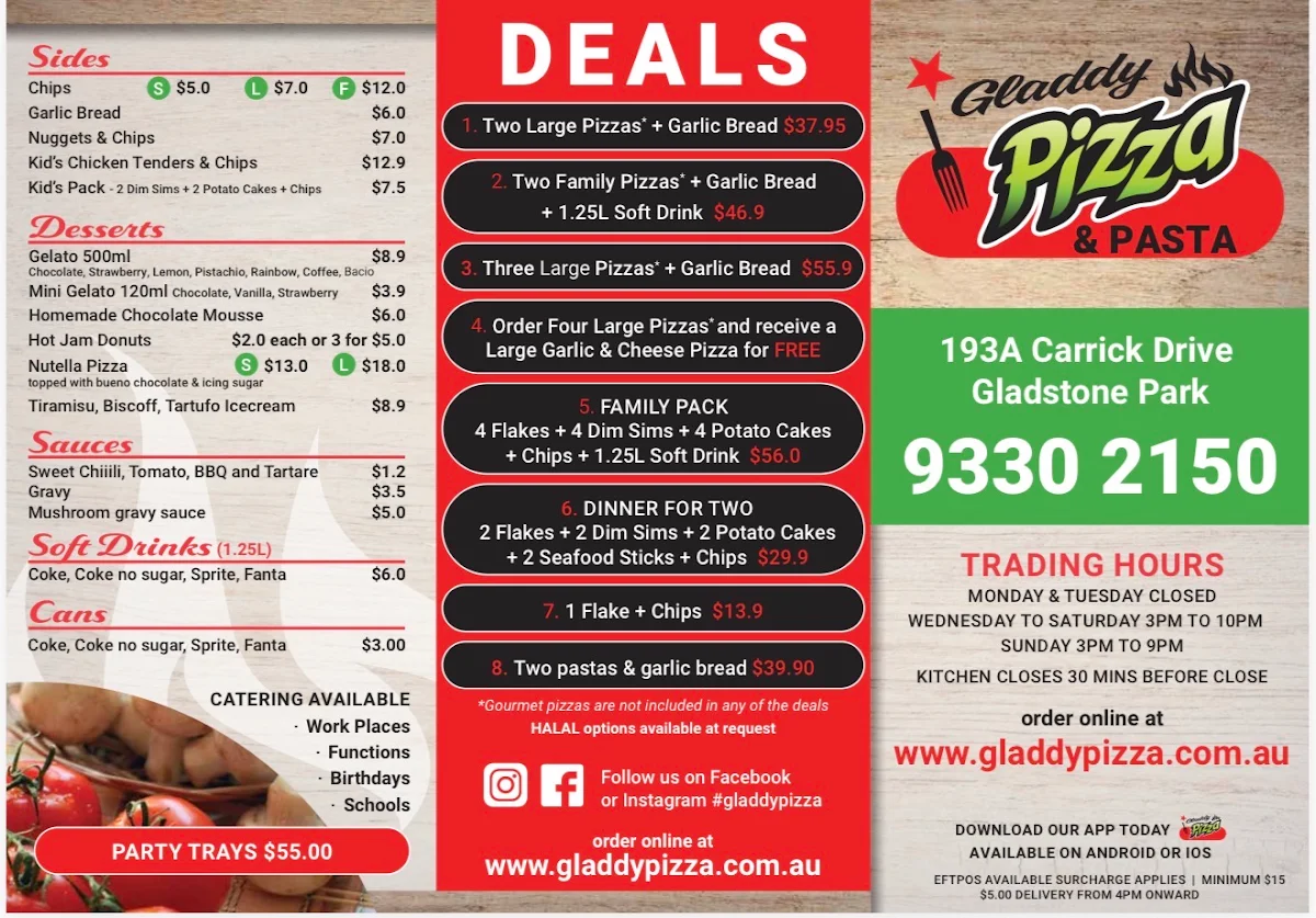 Menu, Gladdy Pizza & Pasta