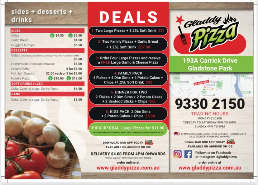 Menu, Gladdy Pizza & Pasta