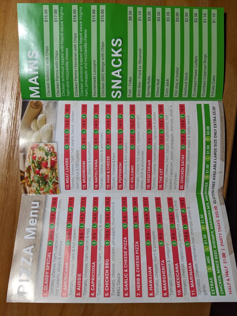 Menu, Gladdy Pizza & Pasta