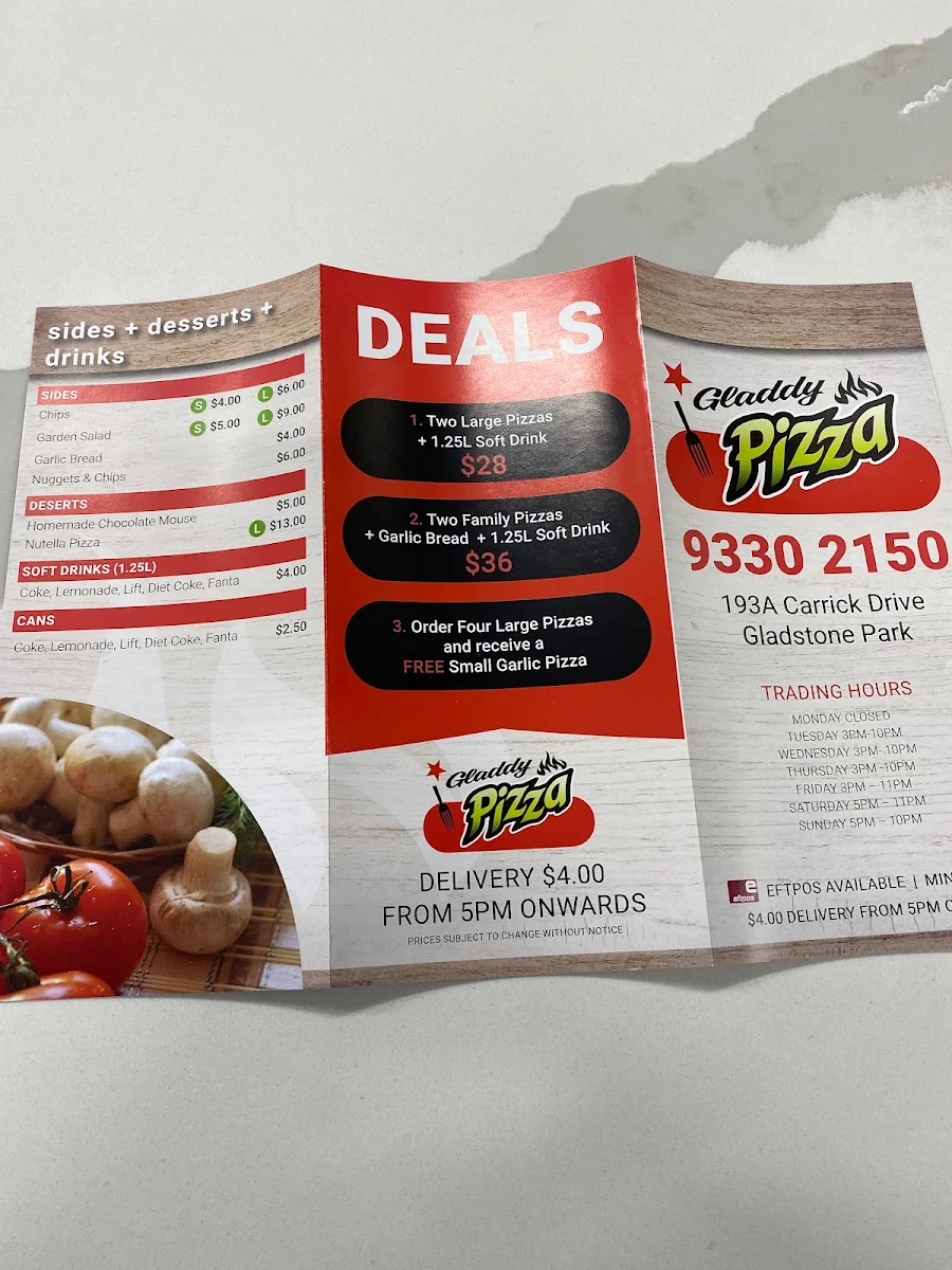 Menu, Gladdy Pizza & Pasta