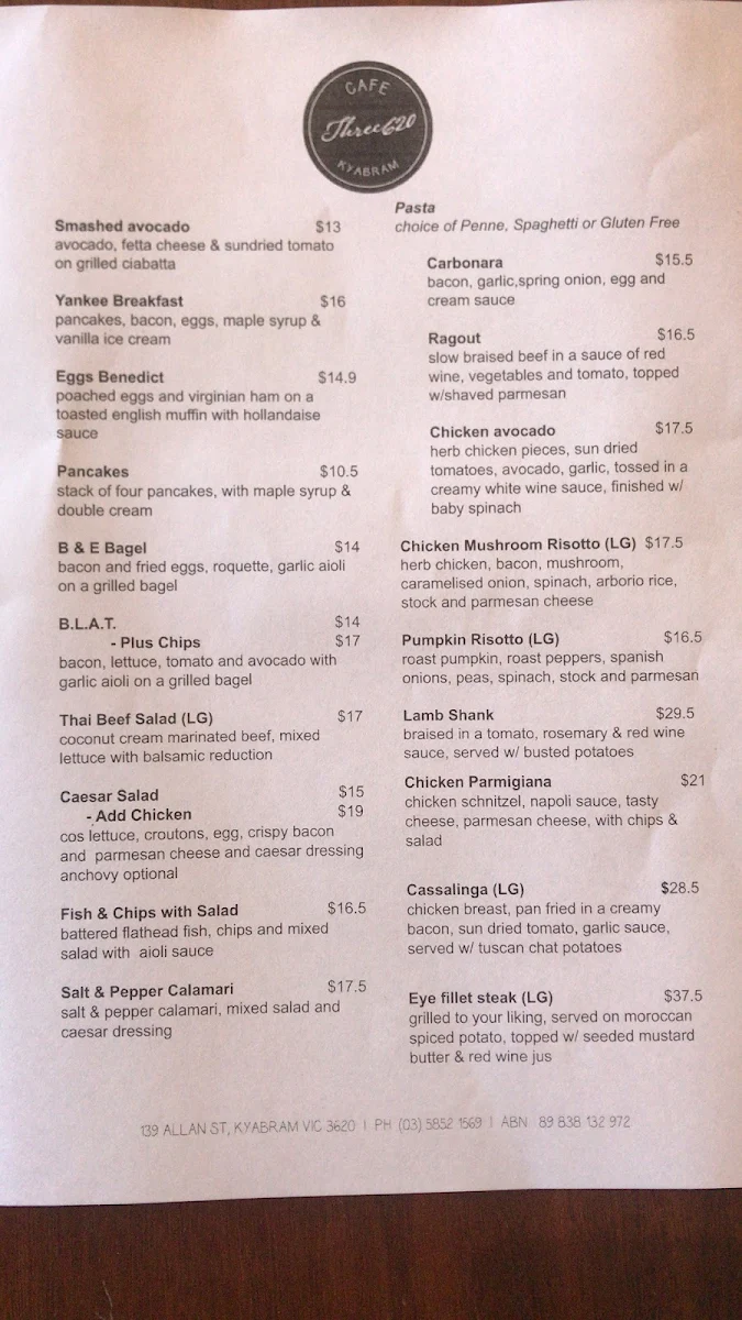 Menu, Cafe Three620