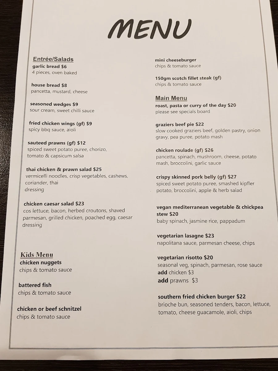 Menu, Willaston Hotel