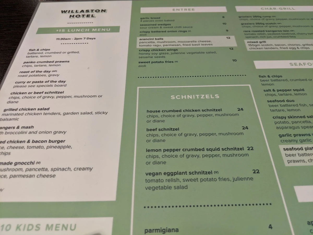 Menu, Willaston Hotel