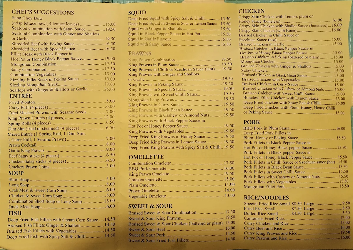 Menu, Wellington Mandarin Court