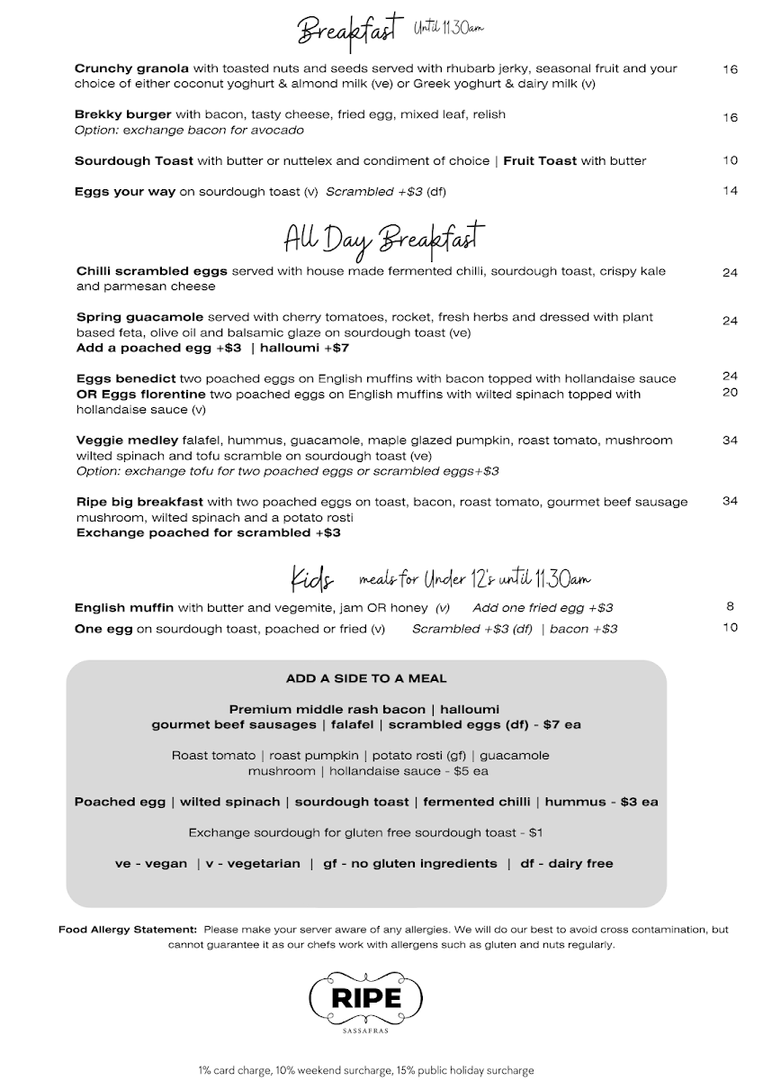 Menu, Ripe Sassafras Cafe | Restaurant
