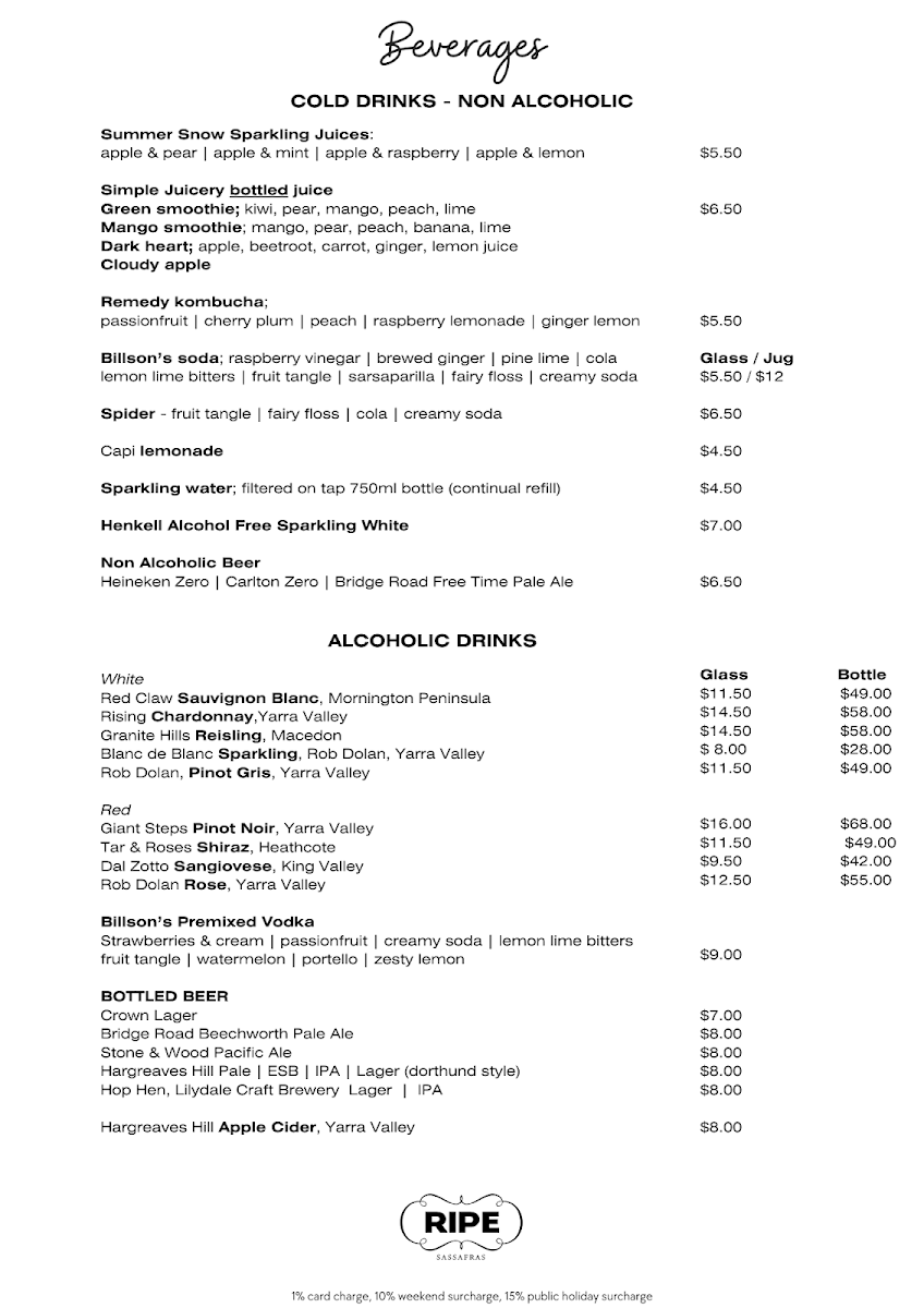 Menu, Ripe Sassafras Cafe | Restaurant