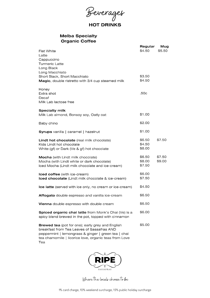 Menu, Ripe Sassafras Cafe | Restaurant