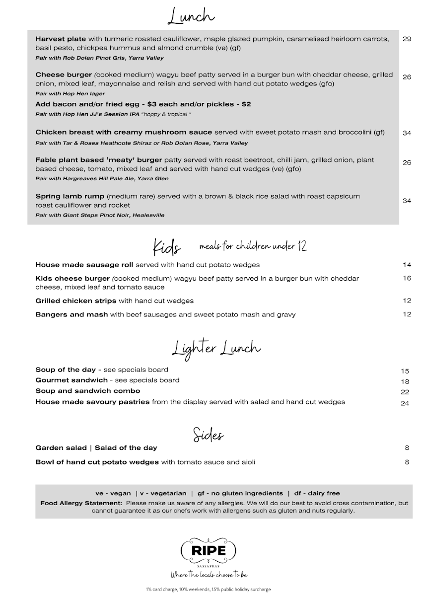 Menu, Ripe Sassafras Cafe | Restaurant