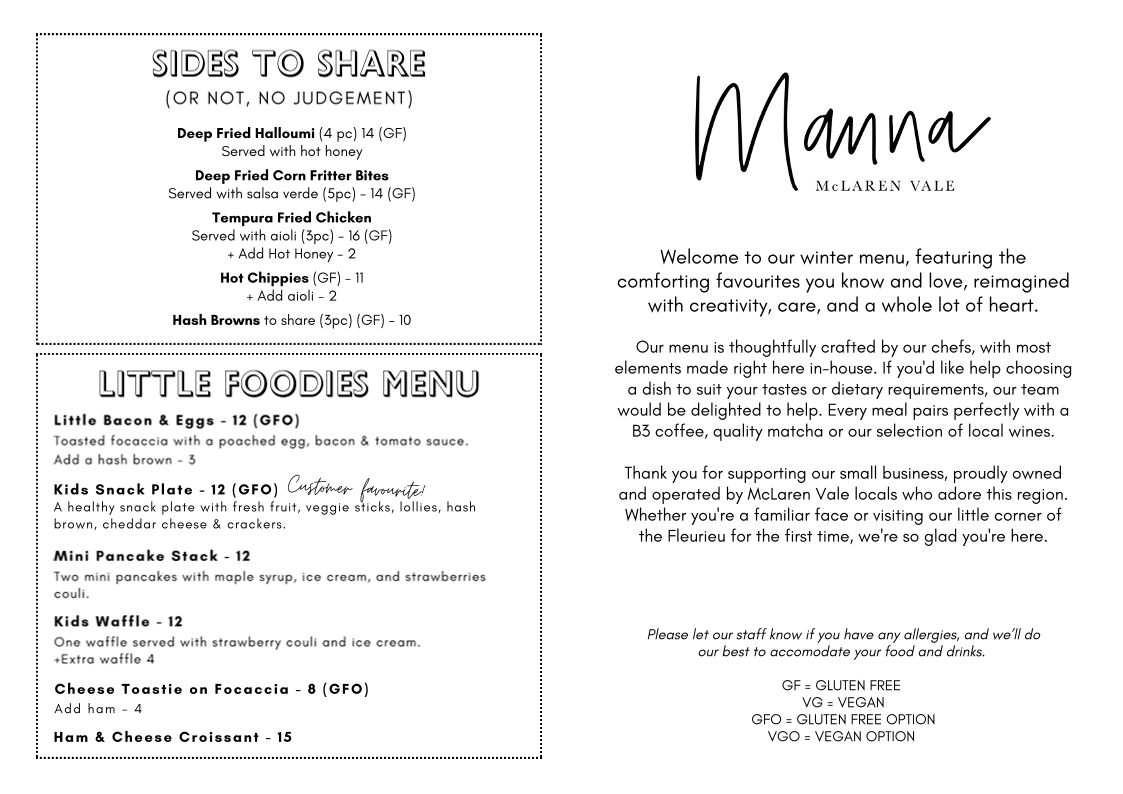 Menu, Manna McLaren Vale