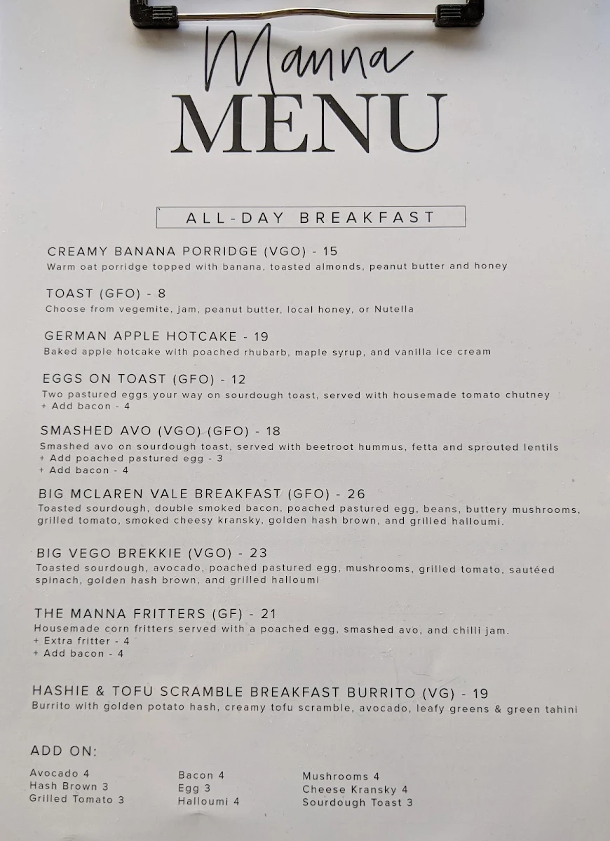 Menu, Manna McLaren Vale