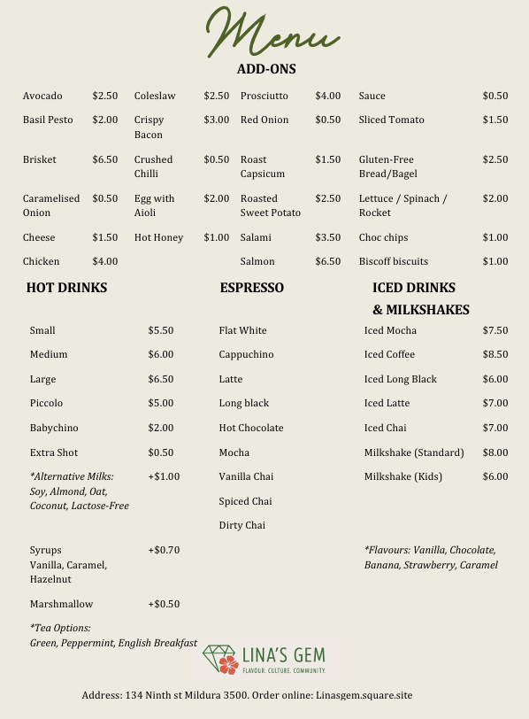 Menu, Lina's Gem