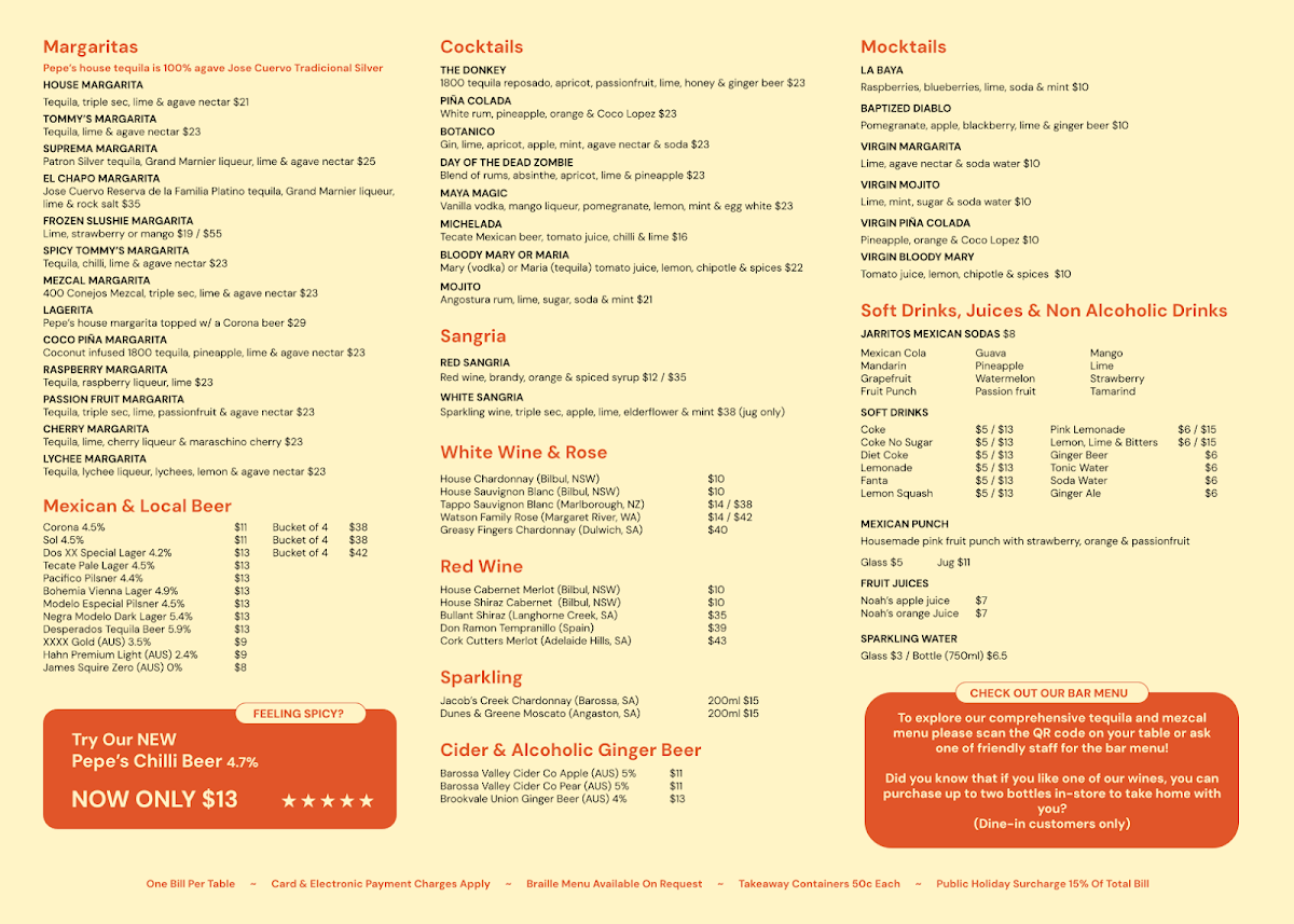 Menu, Pepe's Mexican Restaurant at Bayside
