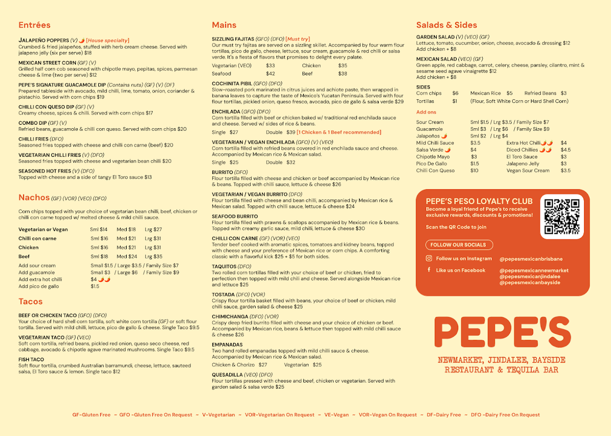 Menu, Pepe's Mexican Restaurant at Bayside