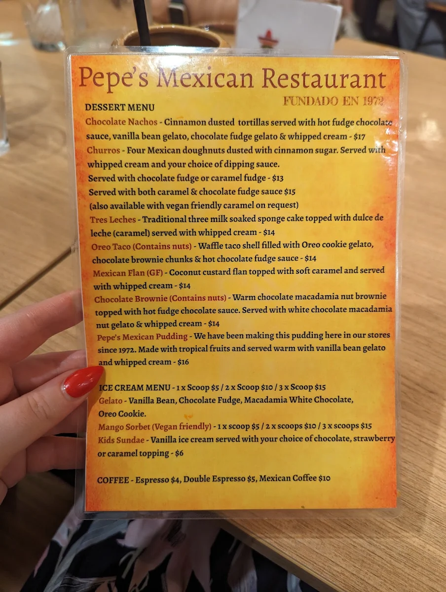 Menu, Pepe's Mexican Restaurant at Bayside