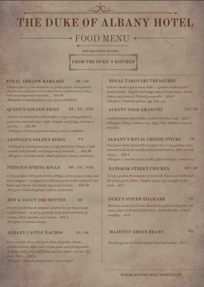 Menu, Duke of Albany Rooftop