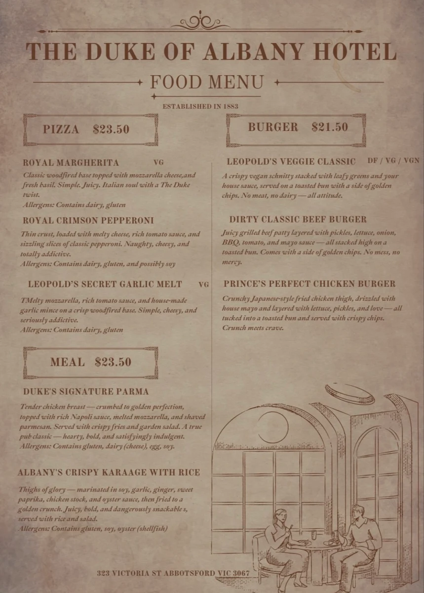 Menu, Duke of Albany Rooftop