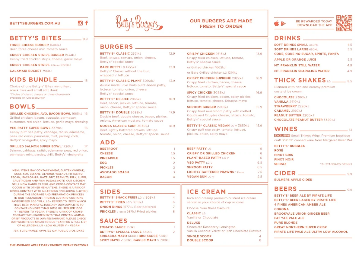 Menu, Betty's Burgers Harbour Town