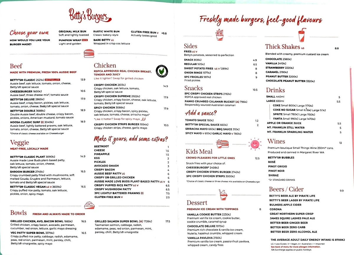 Menu, Betty's Burgers Harbour Town
