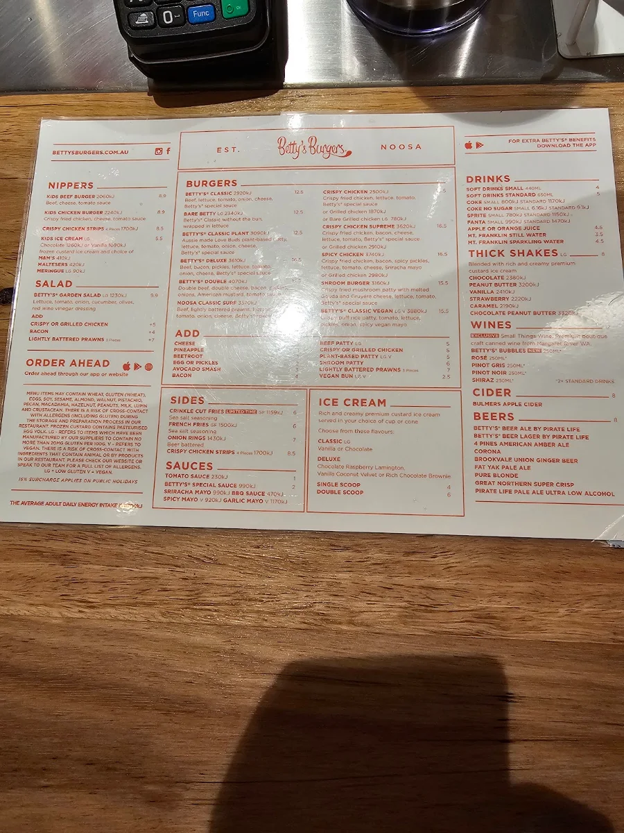 Menu, Betty's Burgers Harbour Town