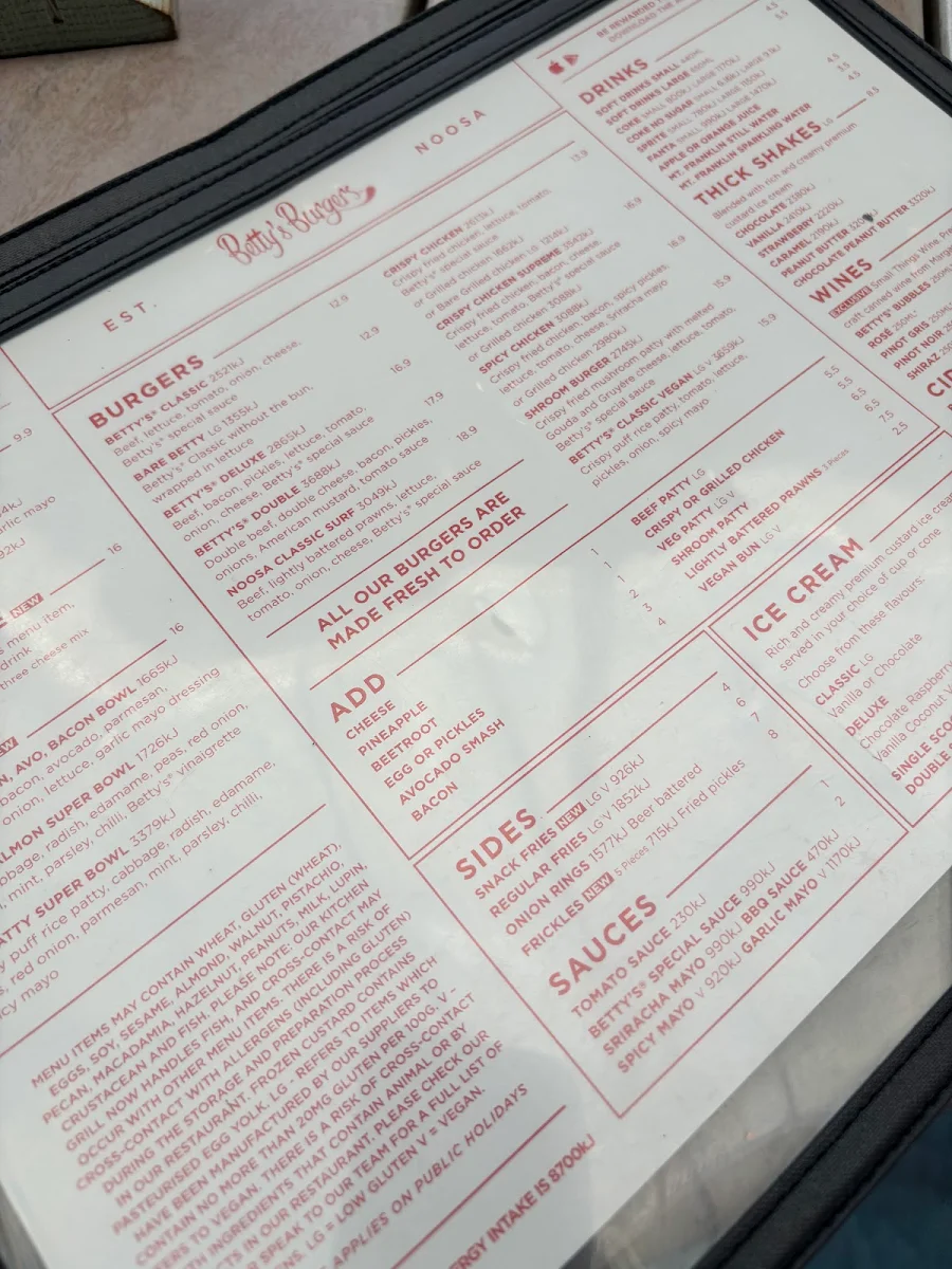 Menu, Betty's Burgers Harbour Town