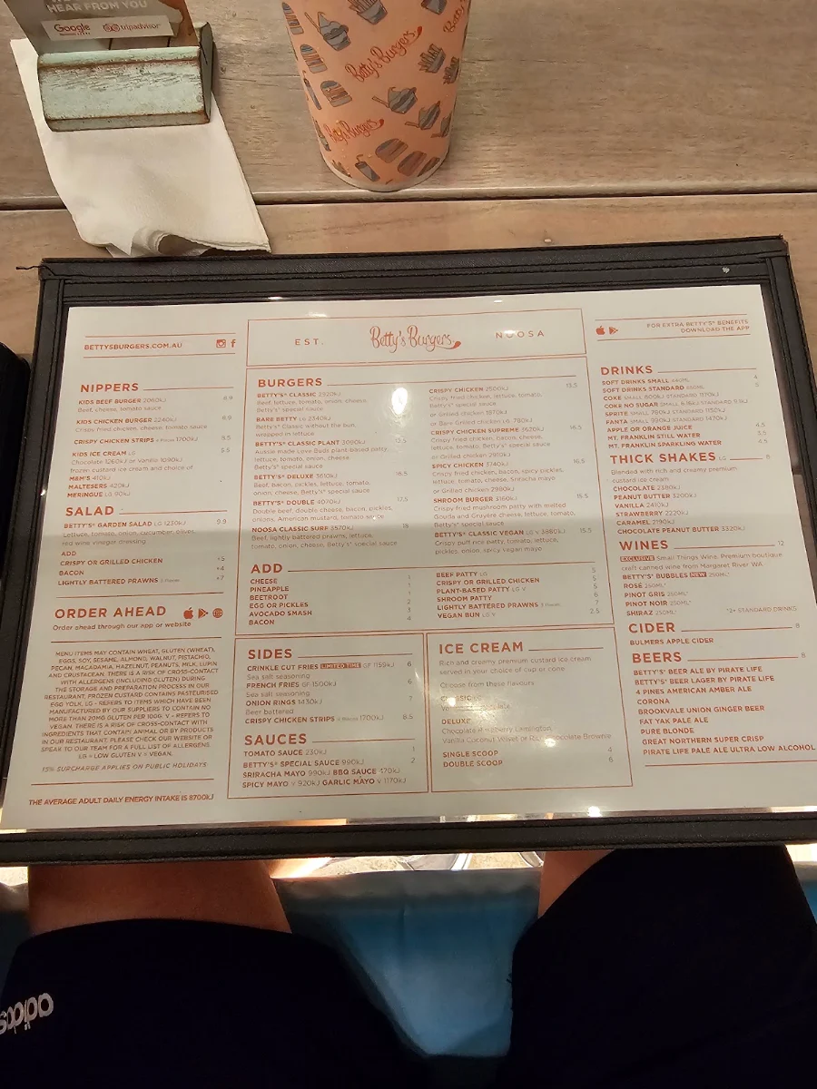 Menu, Betty's Burgers Harbour Town