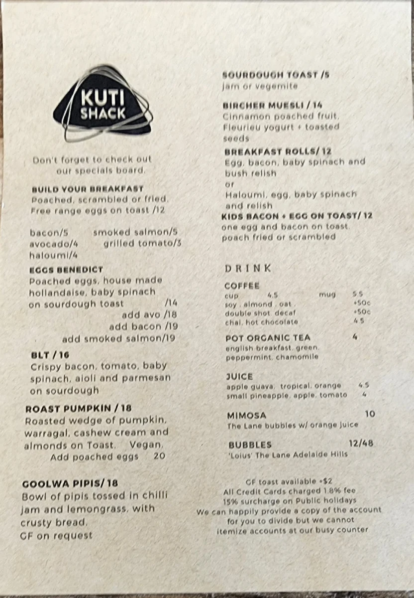 Menu, Kuti Shack